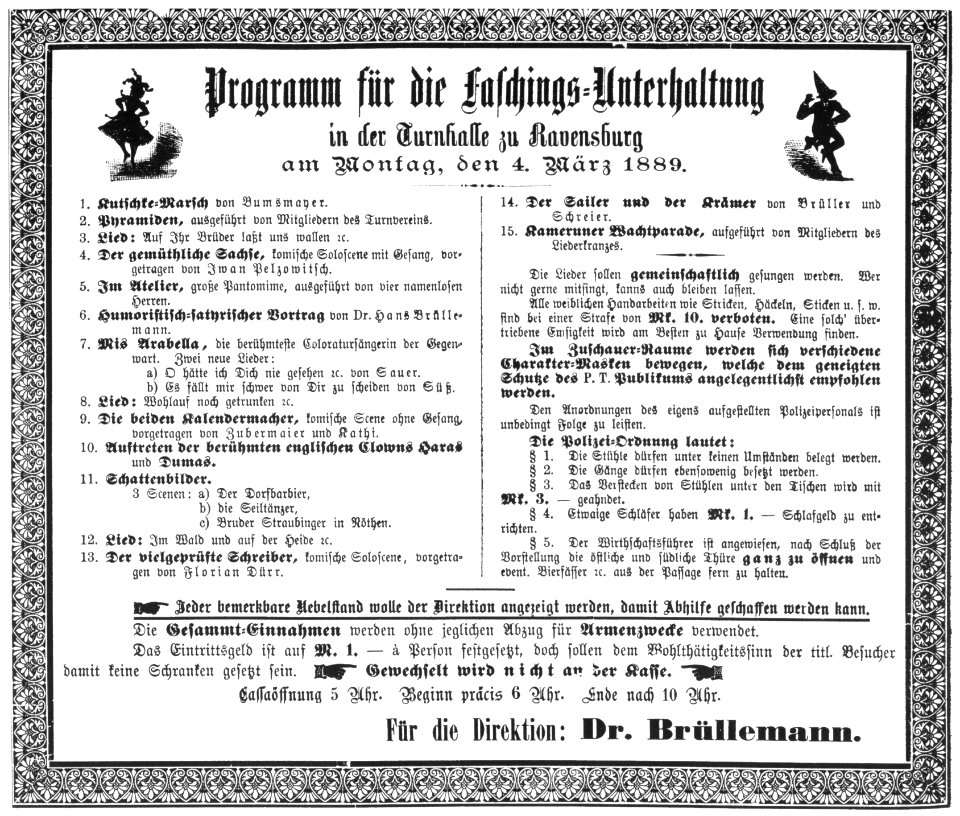 Ravensburg Fastnacht 1889 Faschings-Unterhaltung Turnhalle