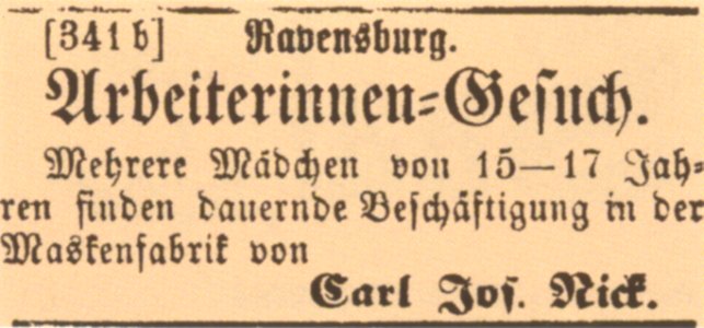 Ravensburg Maskenfabrik Nick 1861