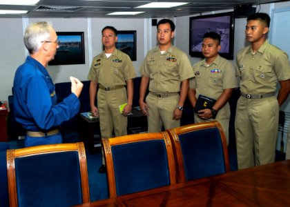 Rear Adm. Hugh Wetherald meets with Philippine navy officers during PHIBLEX 15 141002-N-NZ935-010