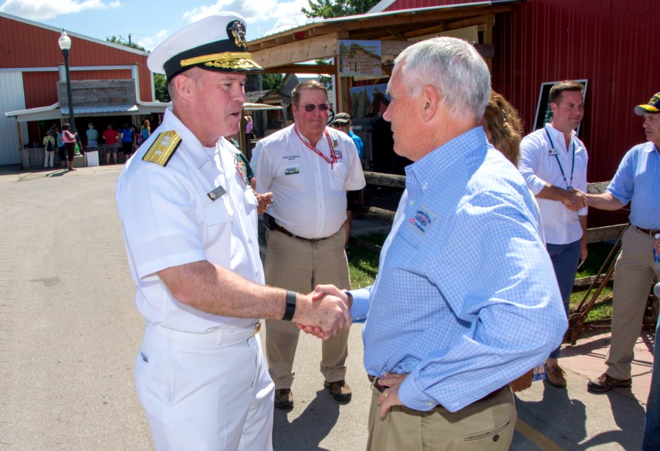 Rear Adm. Kevin Hayes peaks with Indiana Gov. Mike Pence. (20384823108)