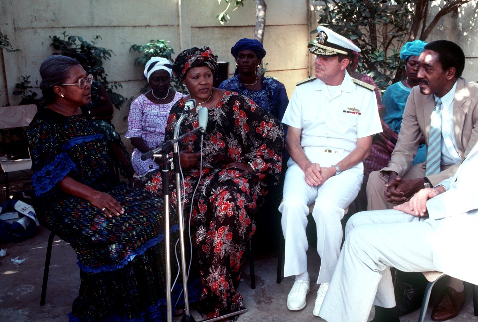Rear Admiral Clinton W. Taylor, commander South Atlantic Force, visits with the women of the Senegalese Women's Association. DN-ST-85-08487