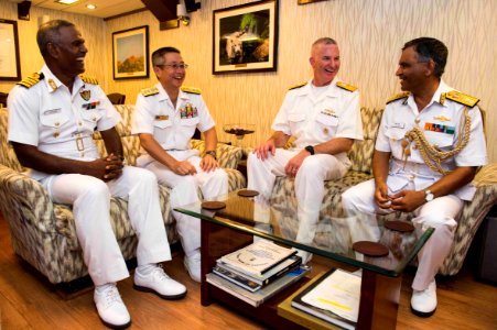 Rear Adm. Brian Hurley, center right, deputy commander, U.S. 7th Fleet, meets with foreign naval leaders aboard the Indian Navy Shivalik-class stealth frigate INS Satpura (F48) during Malabar 2016