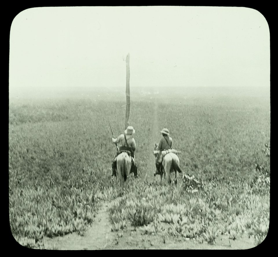 Rear view of Theodore Roosevelt and another man carrying guns on horses in Africa LCCN90707096