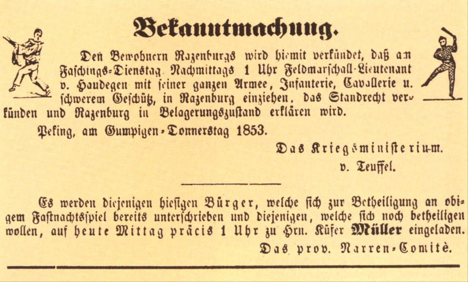 Ravensburg Fastnacht 1853 Bekanntmachung