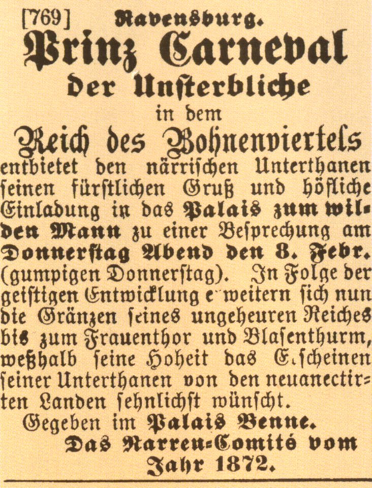 Ravensburg Fastnacht 1872 Unterstädtlerball