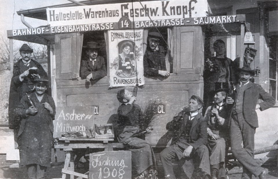 Ravensburg Fastnacht 1908 Straßenbahnhaltestelle