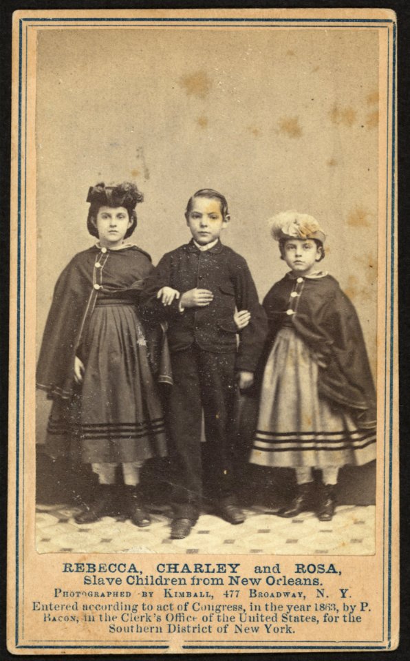 Rebecca, Charley, and Rosa, slave children from New Orleans - photographed by Kimball, 477 Broadway, N.Y. LCCN2010647845