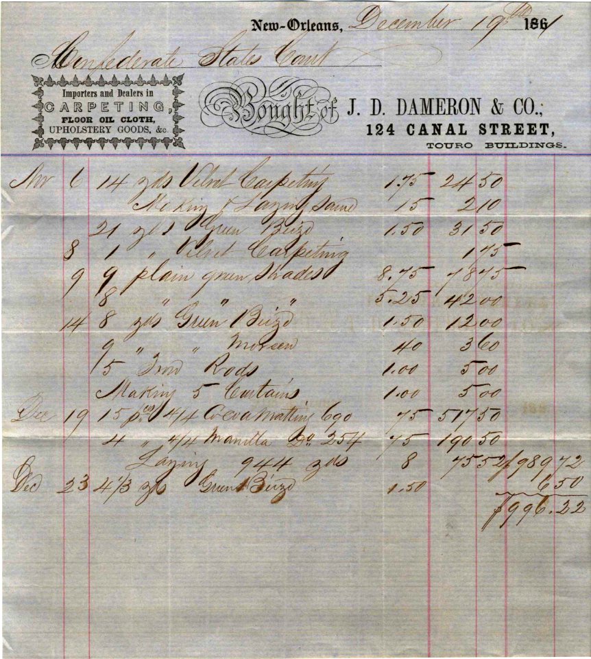 Receipt for Confederate States Court Upholstery, 121861