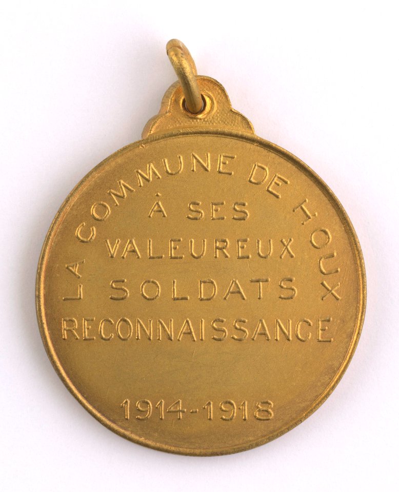 Reconaissance de la Commune de Houx à ses Valeureux Soldats, medal by Pierre Theunis, Belgium, 1918, Coins and Medals Department of the Royal Library of Belgium, 2Lef93-3 (verso)