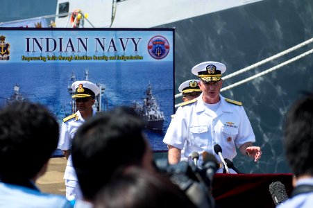 Rear Adm. Brian Hurley, deputy commander, U.S. 7th Fleet, speaks during a press conference at Commander U.S. Fleet Activities Sasebo during Malabar 2016