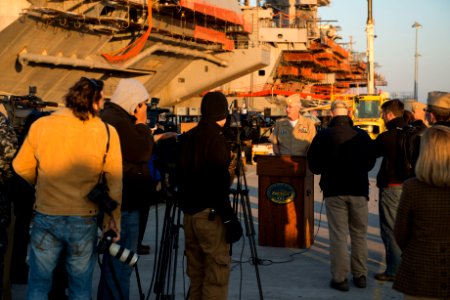 Rear Adm. Sweeney speaks with media. (8456179660)