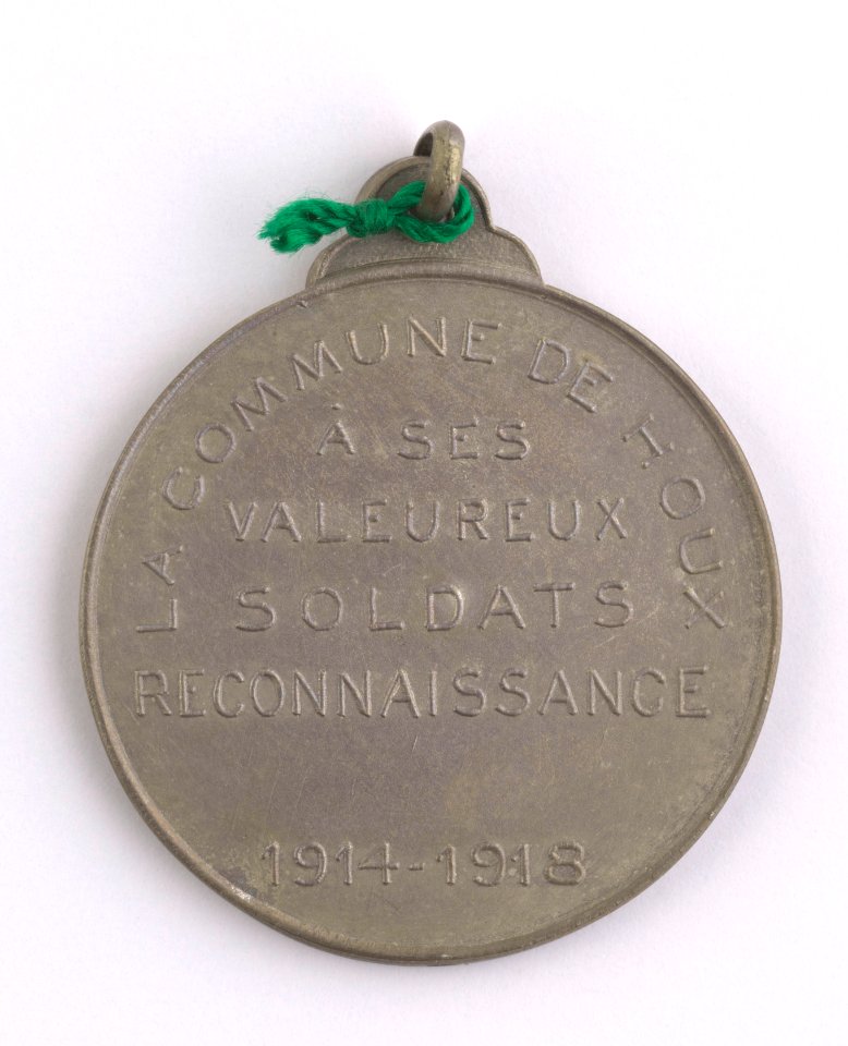 Reconaissance de la Commune de Houx à ses Valeureux Soldats, medal by Pierre Theunis, Belgium, 1918, Coins and Medals Department of the Royal Library of Belgium, 2Lef93-2 (verso)