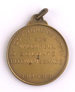 Reconaissance de la Commune de Houx à ses Valeureux Soldats, medal by Pierre Theunis, Belgium, 1918, Coins and Medals Department of the Royal Library of Belgium, 2Lef93-4 (verso)