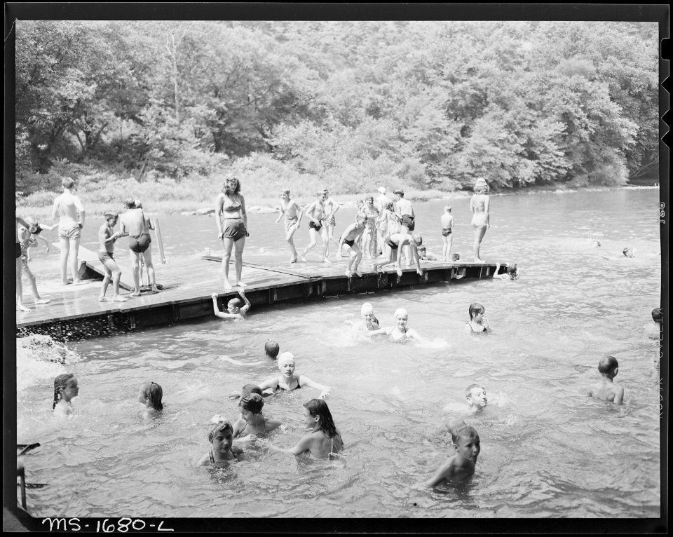 Recreational swim in the Greenbrier river for campers, who are children of miners. Each child must have a buddy, a... - NARA - 540904