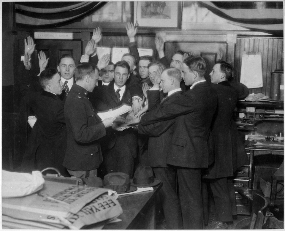 Recruits for U.S. Marine Corps being sworn in at recruiting station, New York City. New York Herald., ca. 1918 - NARA - 533731