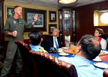 Rear Adm. Bill Byrne, commander of Carrier of Carrier Strike Group (CSG) 11, speaks to distinguished visitors aboard the aircraft carrier USS Nimitz (CVN 68) in the Bay of Bengal during exercise Malabar 2017 photo