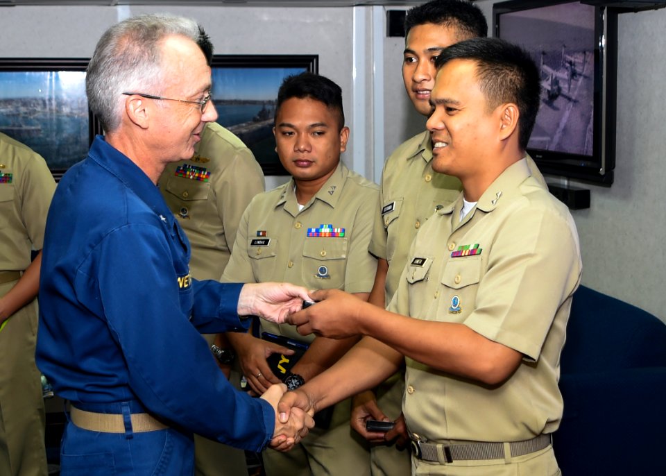 Rear Adm. Hugh Wetherald meets with Philippine navy officers during PHIBLEX 15 141002-N-NZ935-018
