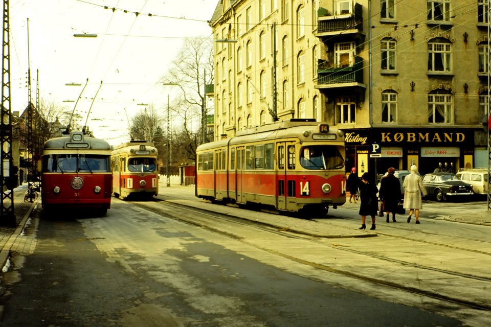 Red trolleybus and trams on Callisensvej