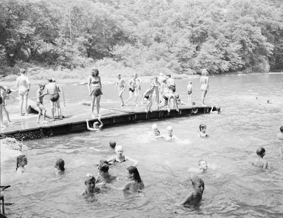 Recreational swim in the Greenbrier river for campers, who are children of miners. Each child must have a buddy, a... - NARA - 540904