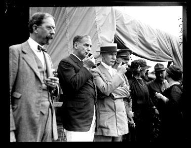 Reenactment of Pickett's Charge at the battle of Gettysburg, Pennsylvania. At center- Senator George Wharton Pepper, Charles Dawes, and General John J. Pershing LCCN2016891538