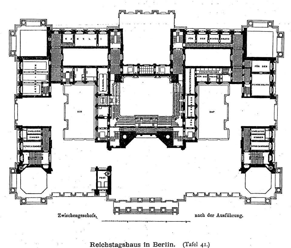 Reichstagsgebäude Berlin Architekt Wallot Dresden, Grundriss Zwischengeschoss, Tafel 41, Kick Jahrgang II