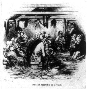 Religious revival meeting at Eastham, Mass., 1852- Prayer meeting in a tent LCCN2003654804