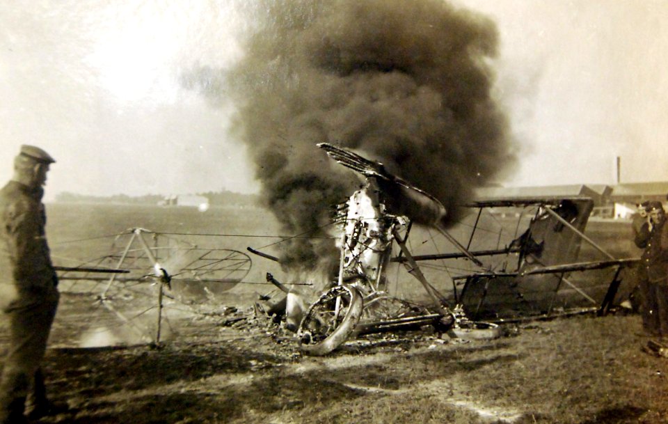 Remains of a burning German aircraft, WWI (31772846680)