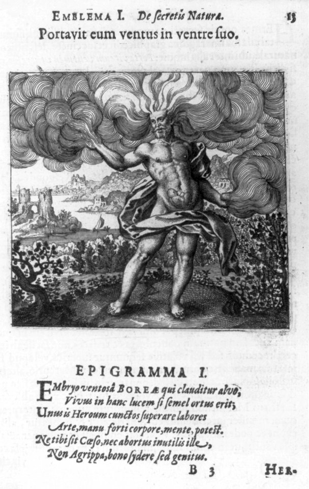 Representation of Boreas, the wintry North Wind of Greek mythology, as an old man with long, swirling, billowing hair. LCCN2002699119