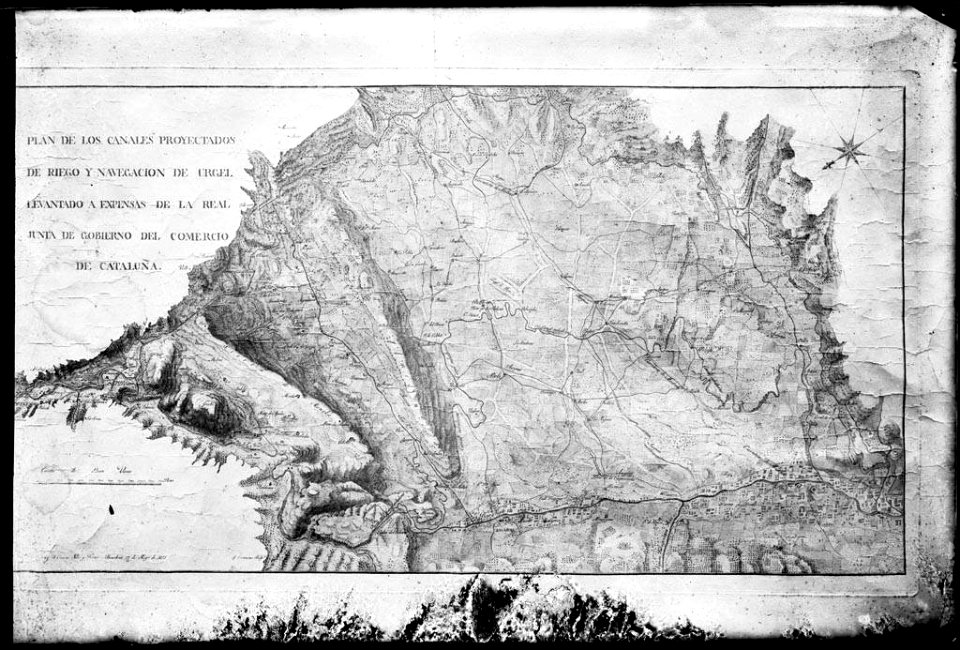 Reproducció d'un plànol de canals de rec i navegació projectats a l'Urgell, de 1815 (AFCEC VINTRO D 4131)