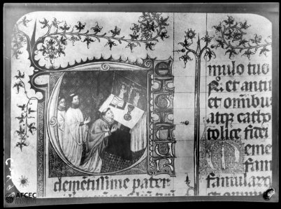 Reproducció d'una miniatura d'una missa d'un missal del monestir de Sant Cugat de l'Arxiu de la Corona d'Aragó (AFCEC MAS C 0496)