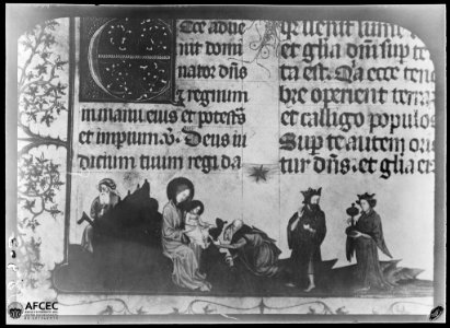 Reproducció d'una miniatura de l'Epifania d'un missal del monestir de Sant Cugat de l'Arxiu de la Corona d'Aragó (AFCEC MAS C 0495)