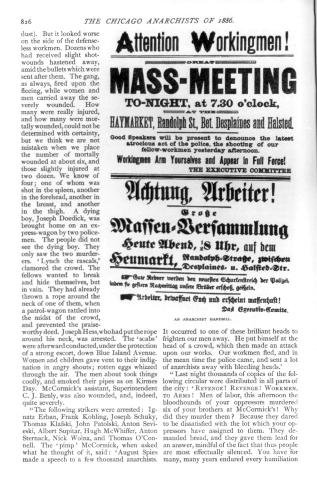 Reproduction of anarchist handbill Attention workingmen! Great mass meeting ... in article The Chicago anarchists of 1886 LCCN96506288