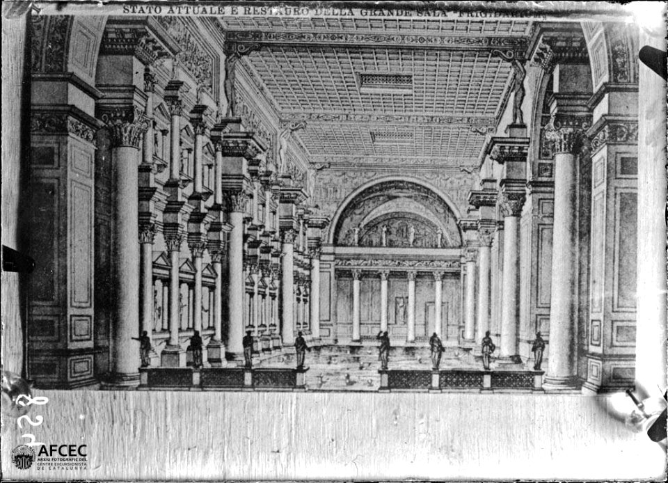Reproducció d'un gravat amb una gran sala amb la nota. stato attuale e restauro della grande sala ' frigidarium '
