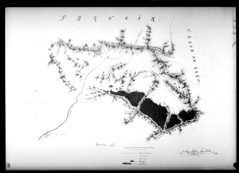 Reproducció d'un mapa del massís de la Maladeta amb la localització del refugi de la Renclusa