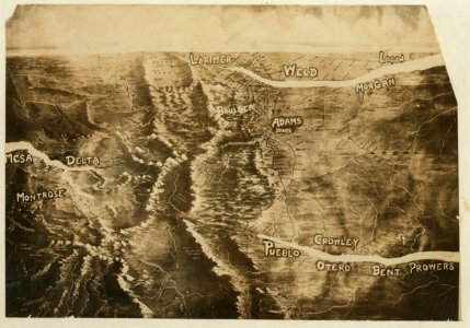 Relief map showing the general location of the counties and three river basins affected by the beet work. The latter are the Arkansas River in the south and south east, the South Platt in LOC nclc.05588