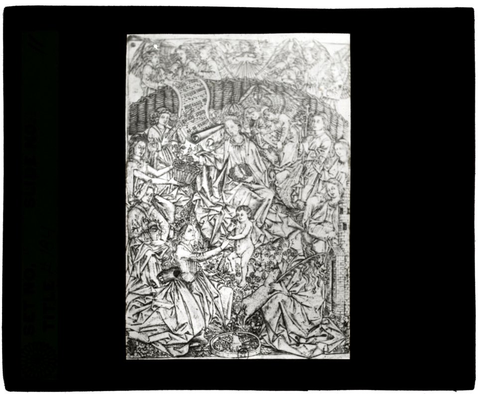 Reproduction of print showing Virgin and Christ Child in a garden with saints Catherine and Barbara LCCN2008675592