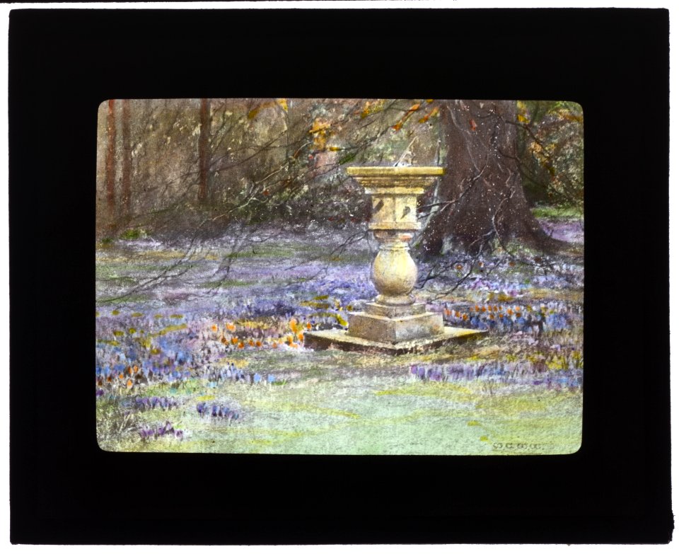 Reproduction of illustration- Whitehouse, Midlothian, Scotland, showing sundial in a garden with crocuses LCCN2007685109