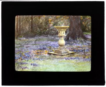 Reproduction of illustration- Whitehouse, Midlothian, Scotland, showing sundial in a garden with crocuses LCCN2007685109