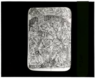 Reproduction of print showing Virgin and Christ Child in a garden with saints Catherine and Barbara LCCN2008675589