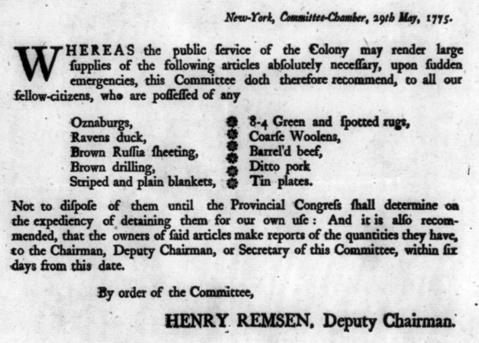 Request for military provisions, N.Y. May 29, 1775 LCCN2002705581