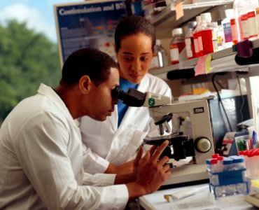 Researcher looking through microscope photo