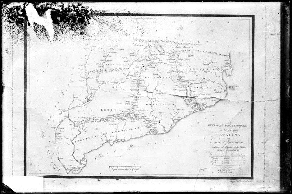Reproducció d'un mapa de Catalunya amb la divisió provincial, de 1823 (AFCEC VINTRO D 4138)