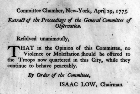 Resolve of non-violence toward British troops quartered in N.Y., Apr. 29, 1775 LCCN2002705583
