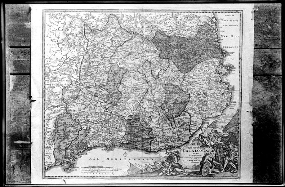 Reproducció d'un mapa del principat de Catalunya editat per Joan Baptista Homann el 1740 a Nuremberg (AFCEC VINTRO D 4102)