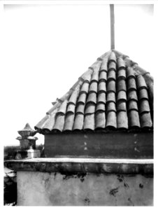 Restored tower with pyramidal tile roof at Mission San Carlos Borromeo, Monterey, ca.1903-1905 (CHS-4116)