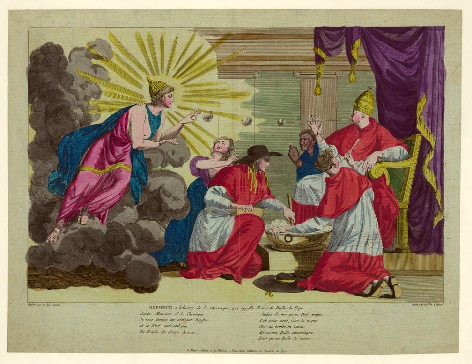 Reponce à l'auteur de la chronique, qui appelle bombe la bulle du Pape - déssiné par un bon Chretien ; gravé par un bon Citoyen. LCCN2007677536