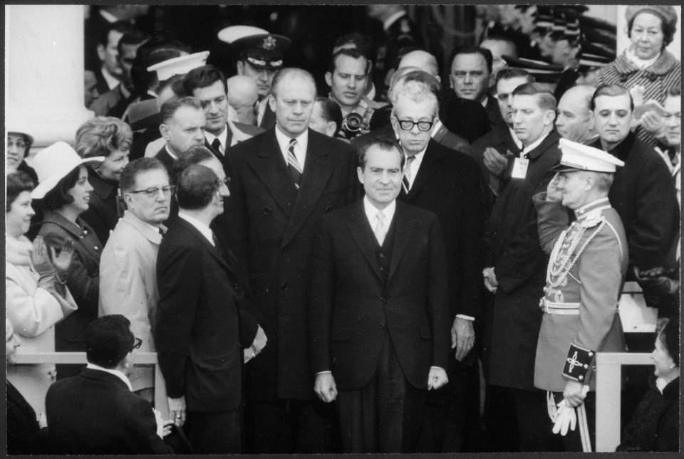 Representative Gerald R. Ford (R-MI) and Senator Everett Dirksen (R-IL) escort President-Elect Nixon to the Inaugural... - NARA - 194601