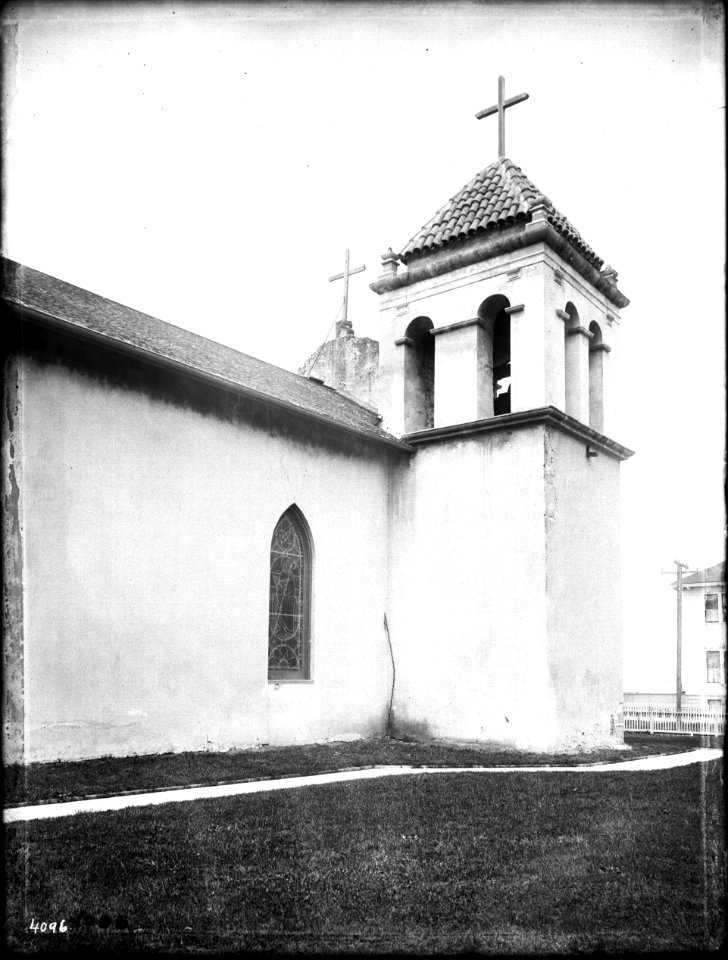 Restored tower (viewed from below) at Mission San Carlos Borromeo, Monterey, ca.1903 (CHS-4096)