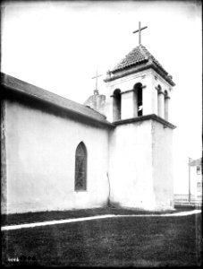 Restored tower (viewed from below) at Mission San Carlos Borromeo, Monterey, ca.1903 (CHS-4096)