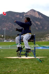 Retired Navy Electrician's Mate Henry Sawyer practices throwing discus in preparation for the 2012 Warrior Games. 120428-N-AN499-004